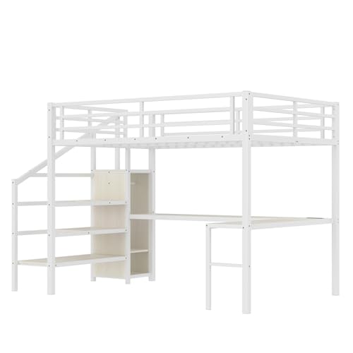 SOFTSEA Queen Size Metal Loft Bed with L-Shaped Desk and Wardrobe, Metal Bed Frame with USB and Adjustable Shelf, High Loft Bed with LED for Bedroom, No Box Spring Needed, White Wood Grain - Image 4