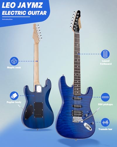 Leo Jaymz 39 Full Size ST Style Electric Guitar Starter Kit with SSH Pickup, 5W Portable Amp, Tuner, Gig Bag, Strap & Accessories (Violet Ocean) - Image 31