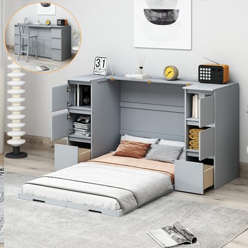 Twin Size Murphy Beds with Charging Station and Storage Drawers, Wood Cabinet Bed Frame, Wall Bed with Outlet & USB Ports for Home Office Studio, White - Image 24
