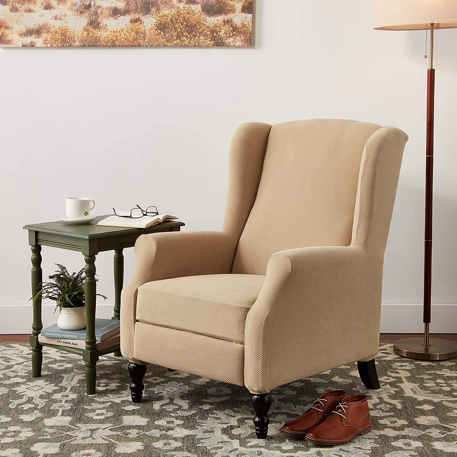 SureFit Home D??cor SF38684 Stretch Pique Box Cushion Recliner Wingback Chair Slipcover, Form Fit, Polyester/Spandex, Machine Washable, Two Piece, Cream Color - Image 4