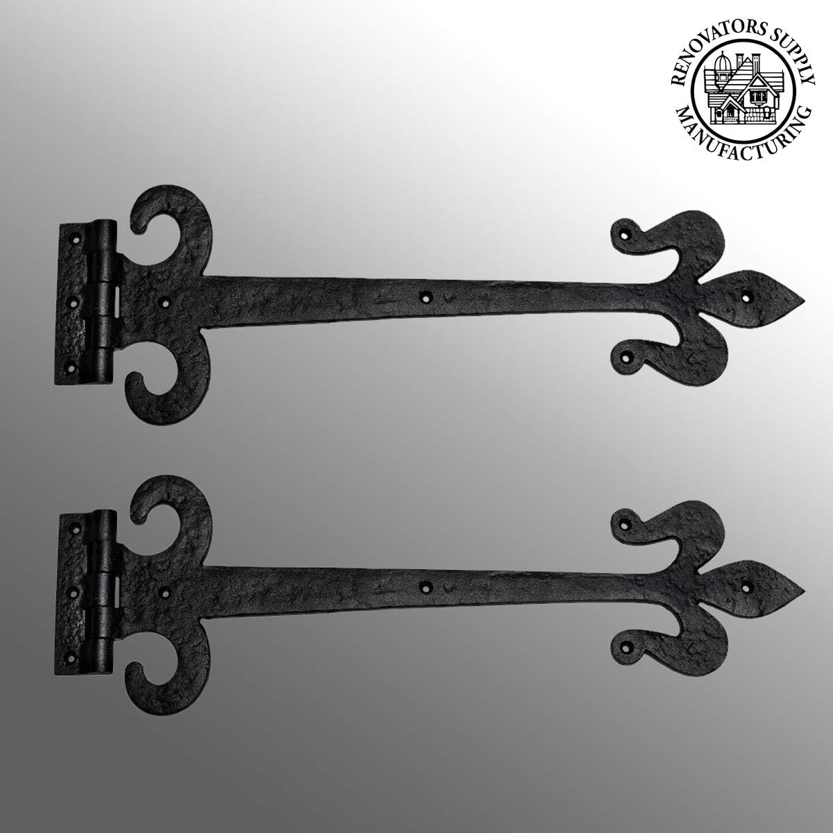 Renovators Supply Manufacturing Black Wrought Iron Door Strap Hinge 18 Long Antique Fleur De Lis Style Rust Resistant Flush Mount Door Hinges for Cabinet Or Barn Doors with Hardware Pack of 2 - Image 2