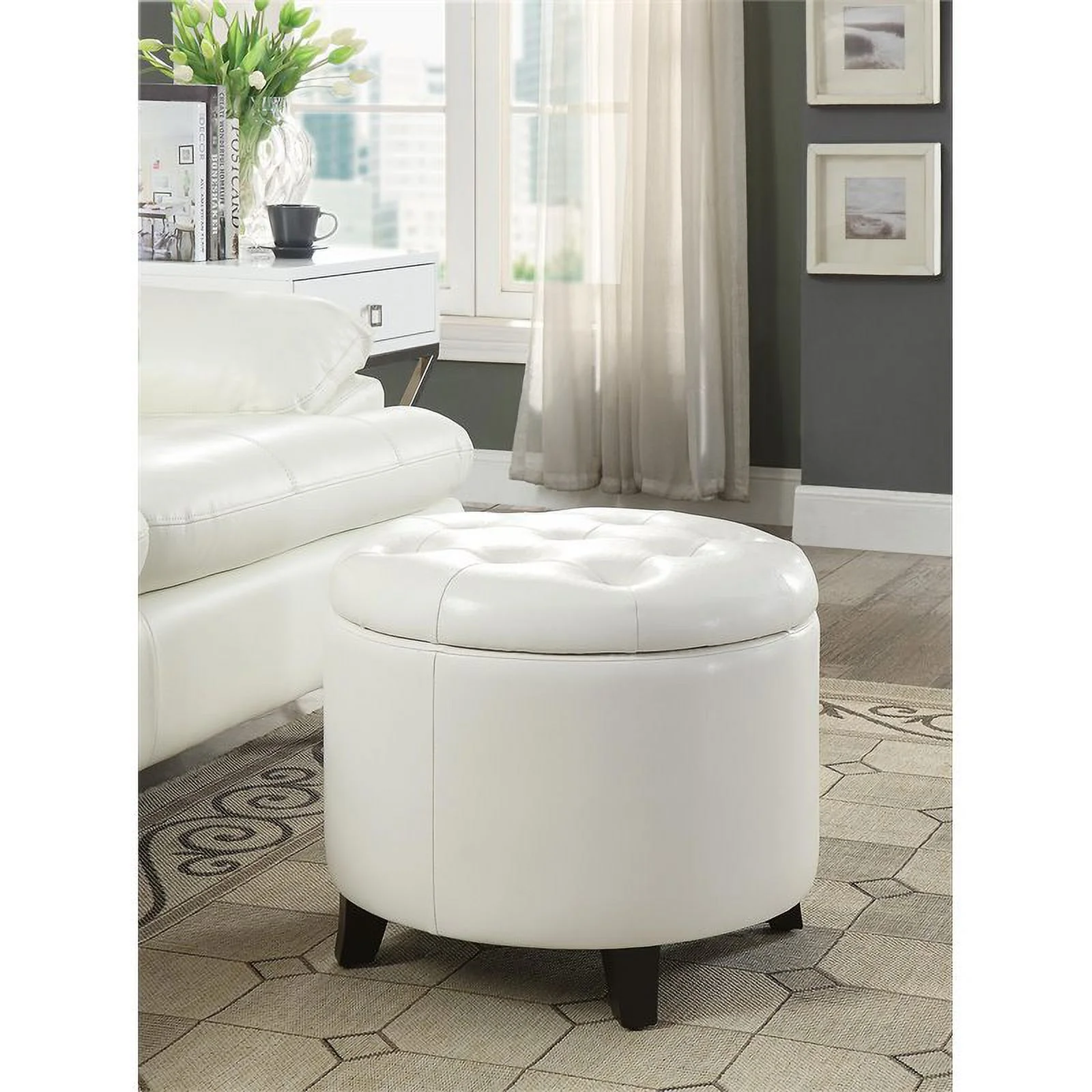 Pemberly Row Modern Round Ottoman in Ivory Faux Leather Fabric - Image 3