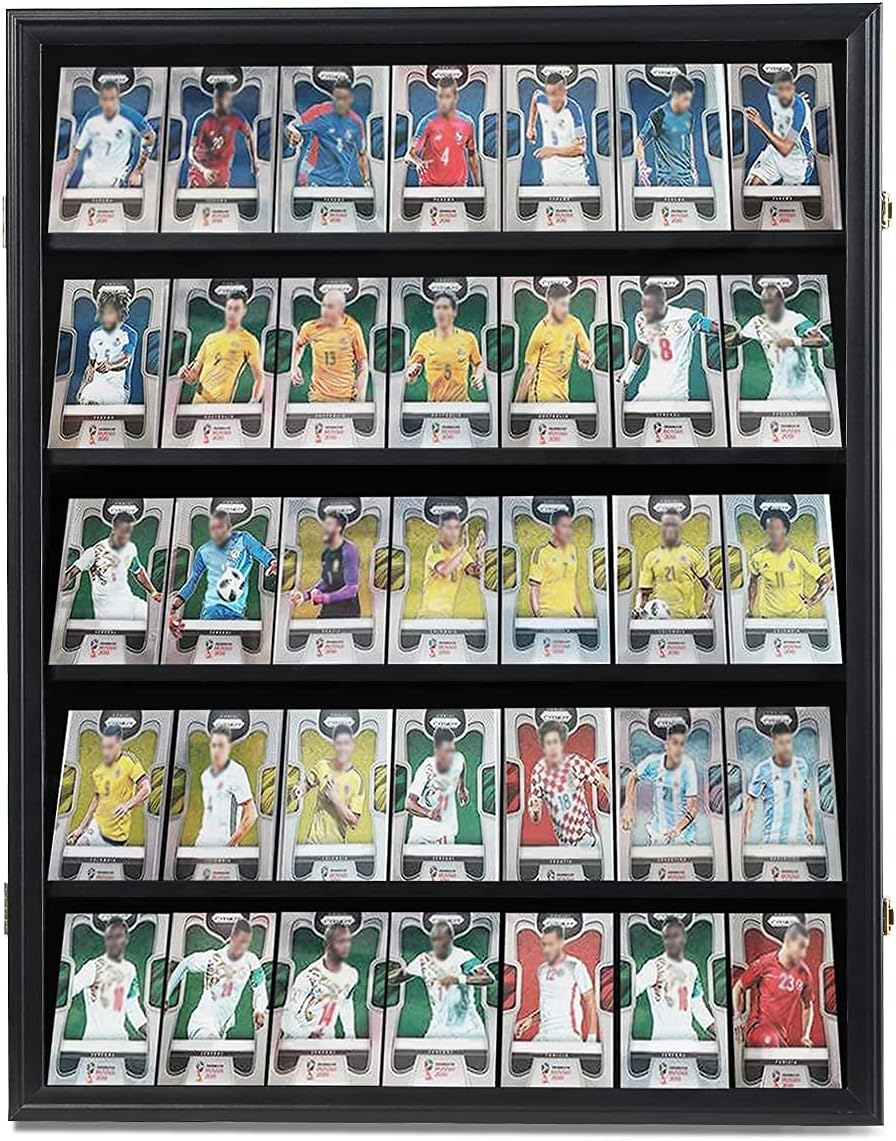 35 Graded Sports Card Display Case – Baseball Card Display Frame with UV Protection Clear View Lockable Wall Cabinet for Basketball Collectible Trading Card Black Finish