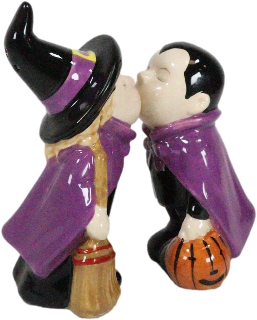 Ebros Gift Halloween Villains Vampire Dracula Kissing Witch With Broomstick Salt And Pepper Shakers Set Magnetic Ceramic Figurines With Rubber Stoppers Wicca Witchcraft Witches Themed Accents - Image 2