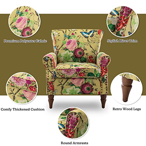 HULALA HOME Modern Wingback Accent Chair with Wood Legs & Removable Cushion, Comfy Upholstered Armchair with Nailhead Trim, Floral Pattern Single Sofa Chair for Living Room Bedroom, Blue - Image 22